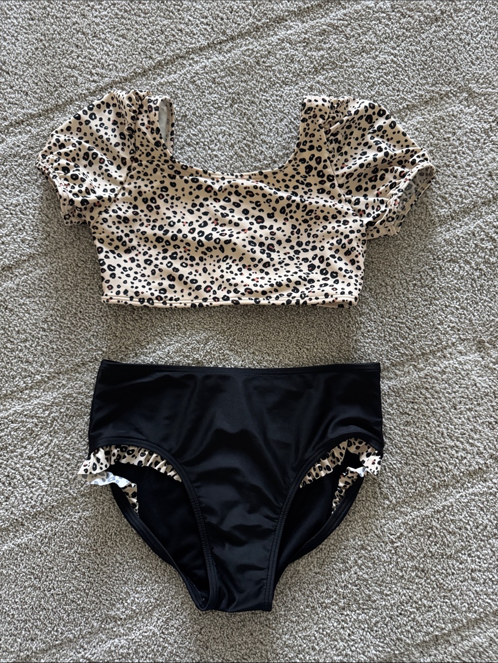 Cat & Jack Cream Leopard Puff-Sleeve Bikini with Black Bottoms